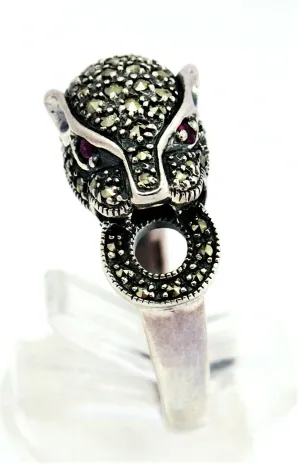 Marcasite & Ruby Panther 925 Sterling Silver Ring