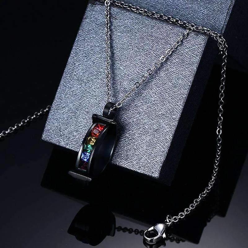 Matte Black Rainbow Rhinestone Pendant Necklace