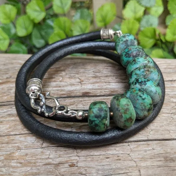 Matte Turquoise & Black Leather Wrap Bracelet - Men's