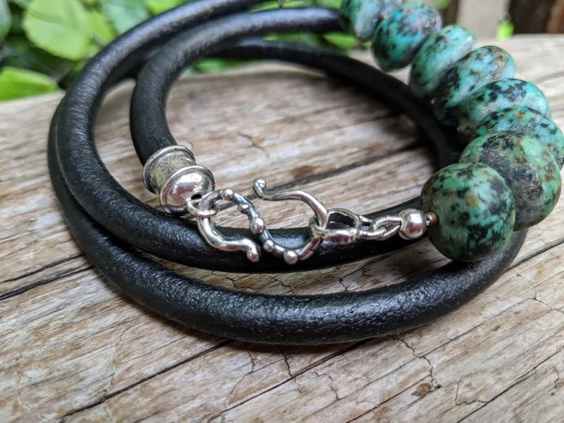 Matte Turquoise & Black Leather Wrap Bracelet - Men's