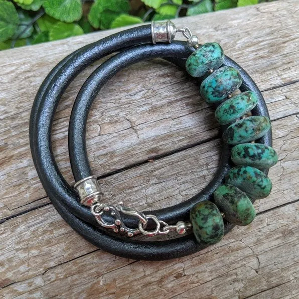 Matte Turquoise & Black Leather Wrap Bracelet - Men's
