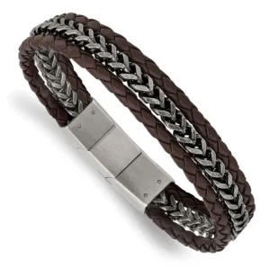 Men's Stainless Steel Antiqued and Brushed Multi Strand Chain and Brown Leather Bracelet (SI3598)