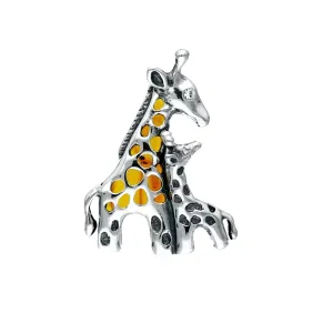 MILENA Brooch Silver and Baltic Amber Giraffe with Baby