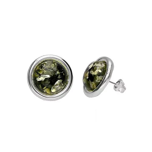 MILENA earrings Large Silver and Green Amber Round Stud