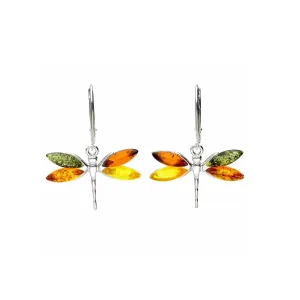 MILENA Earrings Silver and Multicolour Baltic Amber Dragonfly