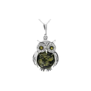 MILENA Necklace Oxidised Silver and Green Amber with CZ Medium Owl