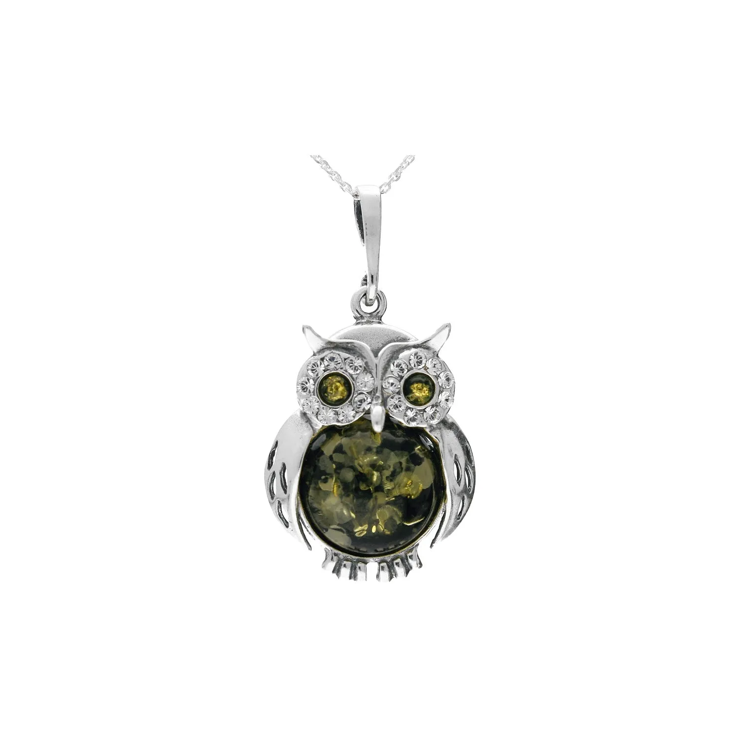 MILENA Necklace Oxidised Silver and Green Amber with CZ Medium Owl