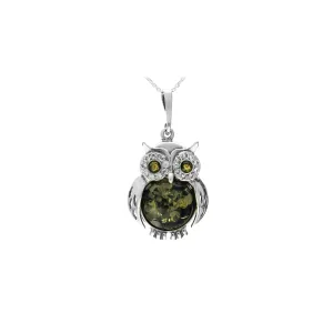 MILENA Necklace Oxidised Silver and Green Amber with CZ Small Owl