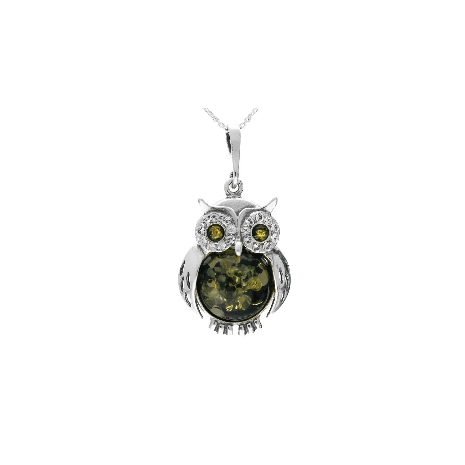 MILENA Necklace Oxidised Silver and Green Amber with CZ Small Owl