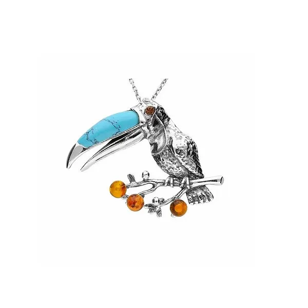 MILENA Necklace Oxidised Silver with Amber and Turquoise Toucan