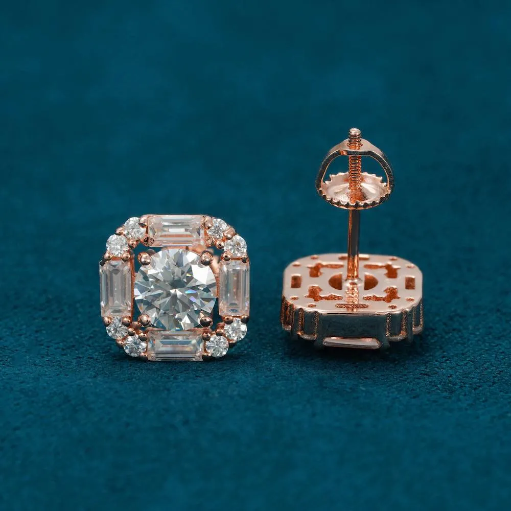 Moissanite Baguette Halo Stud Earrings 14K Gold