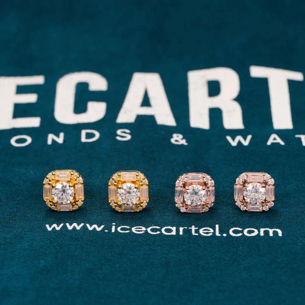 Moissanite Baguette Halo Stud Earrings 14K Gold