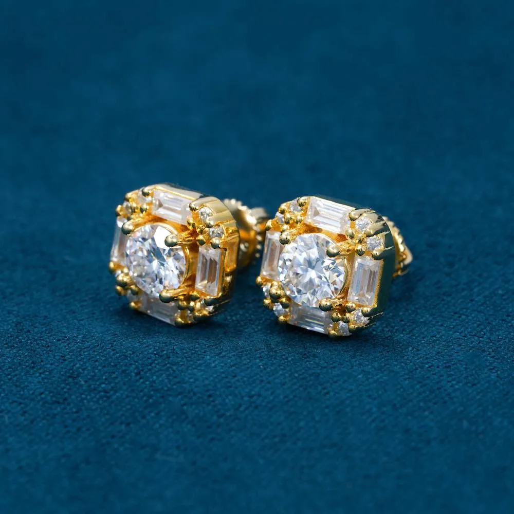 Moissanite Baguette Halo Stud Earrings 14K Gold