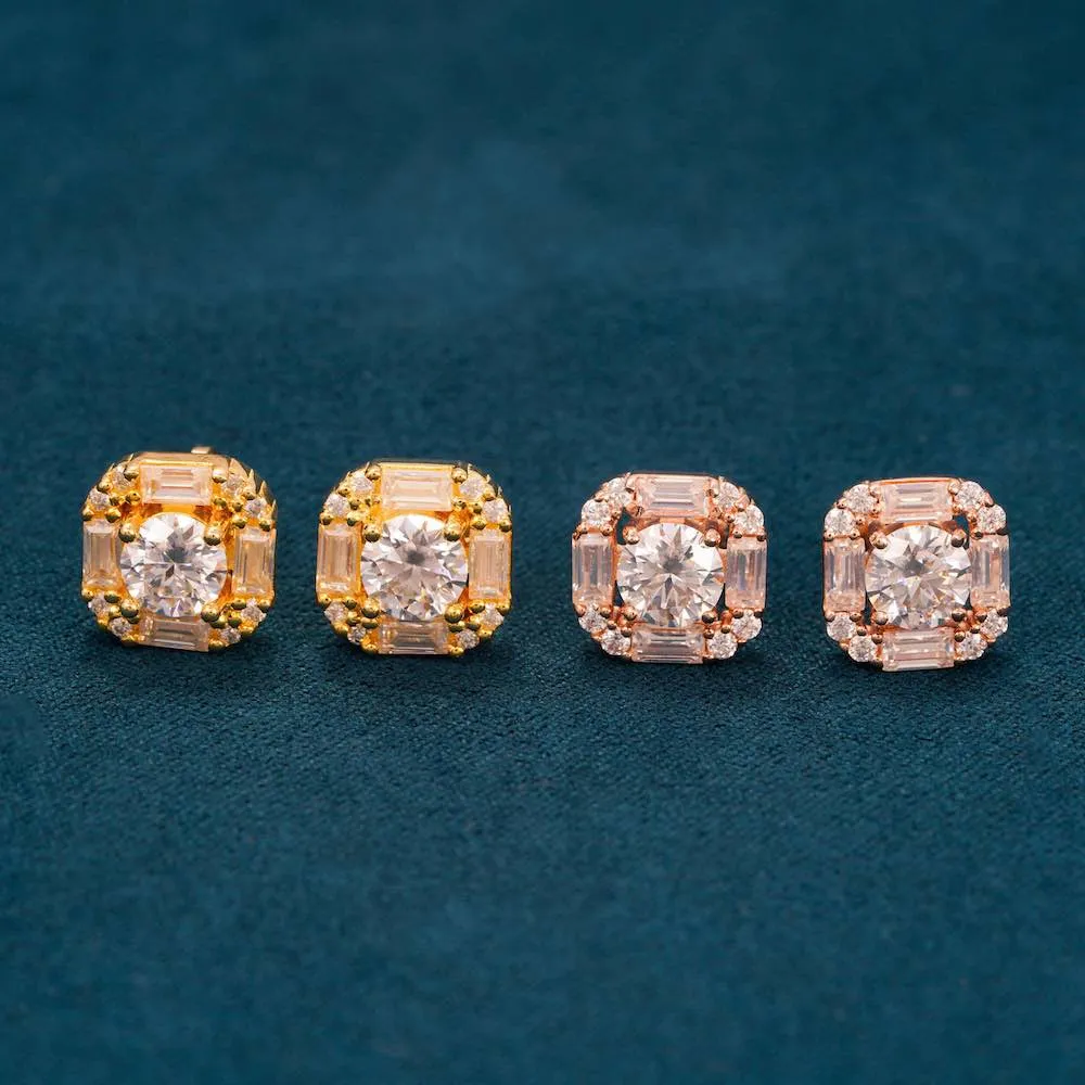 Moissanite Baguette Halo Stud Earrings 14K Gold