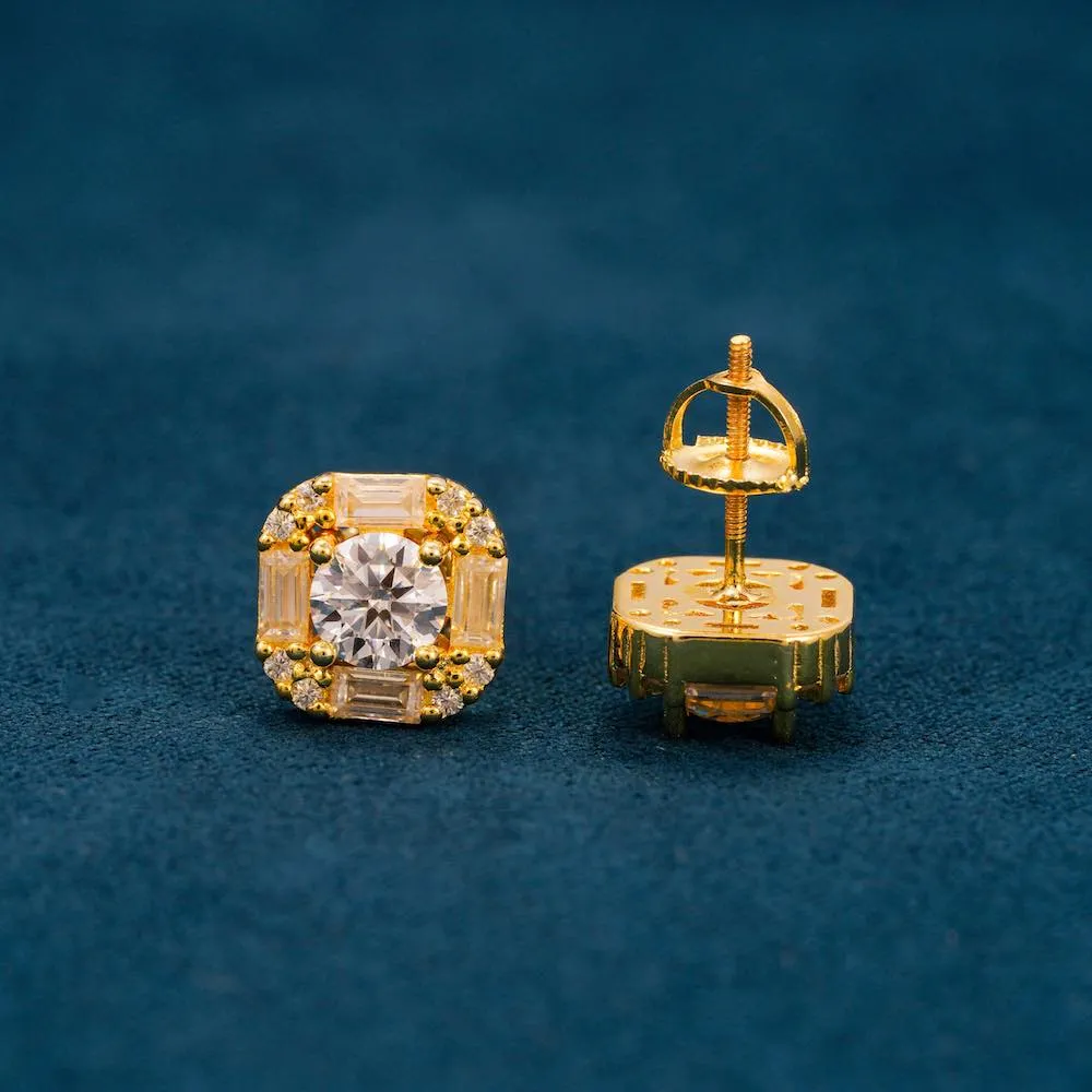 Moissanite Baguette Halo Stud Earrings 14K Gold