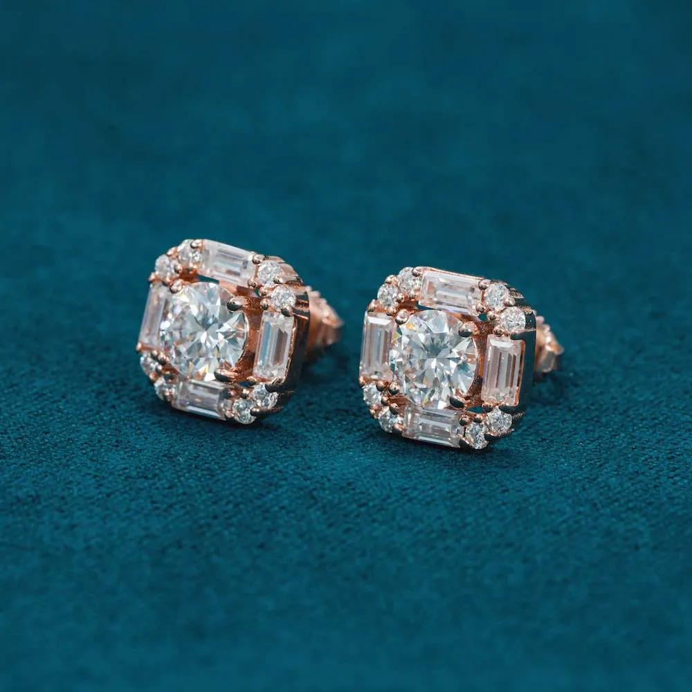 Moissanite Baguette Halo Stud Earrings 14K Gold