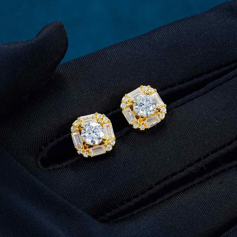 Moissanite Baguette Halo Stud Earrings 14K Gold