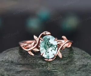 moss agate engagement ring leaf flower