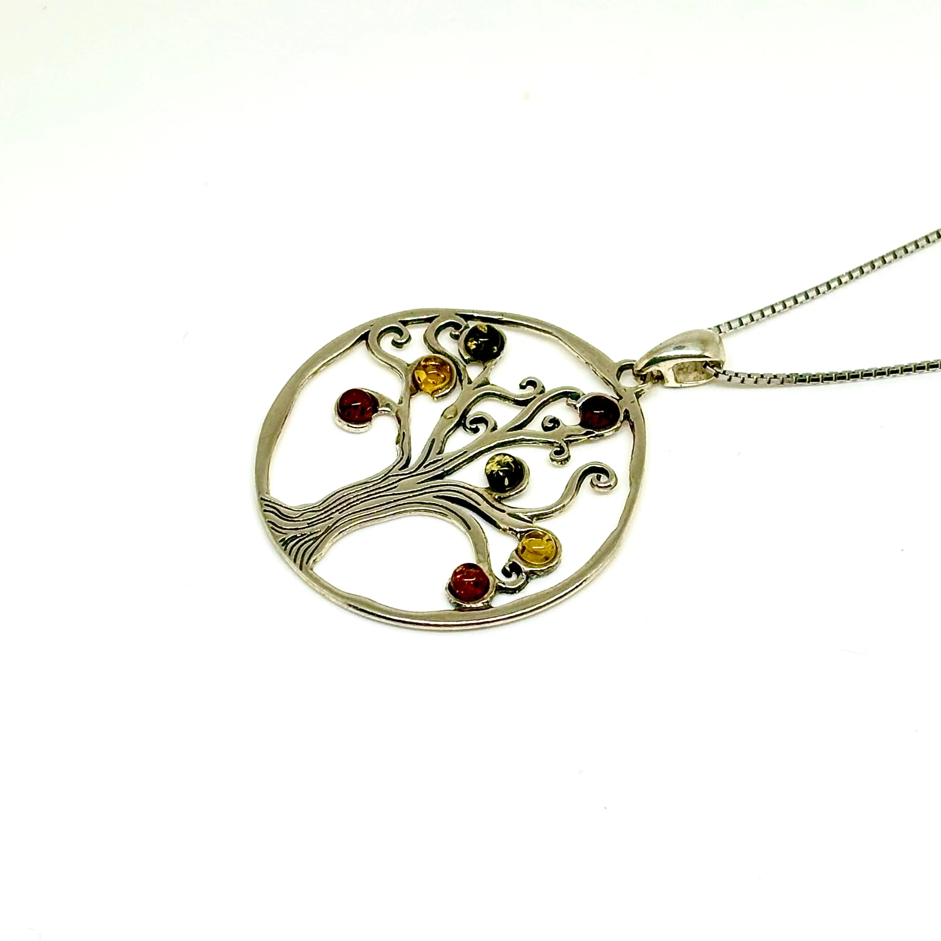 Multi Color Baltic Amber Tree of Life Pendant Necklace