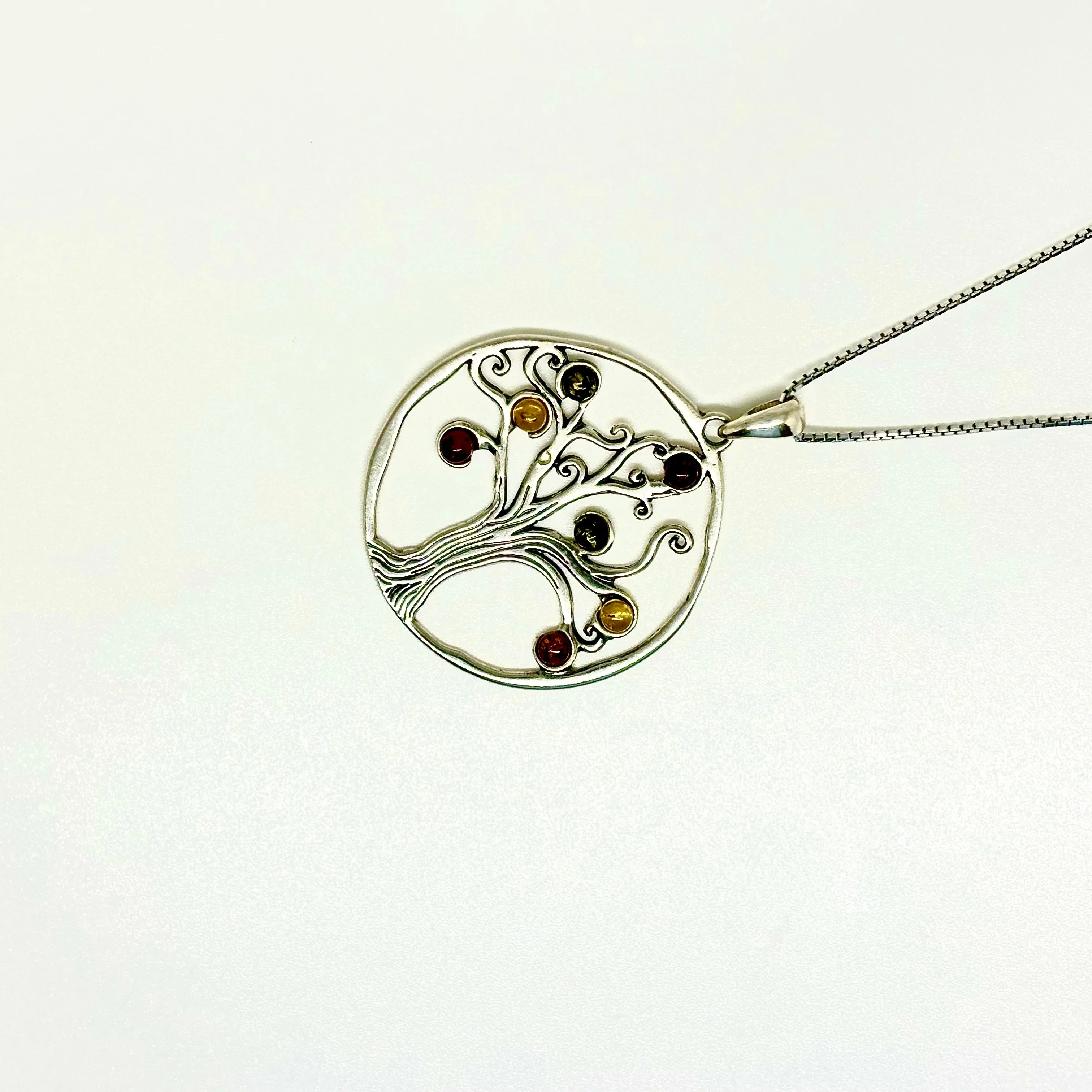 Multi Color Baltic Amber Tree of Life Pendant Necklace