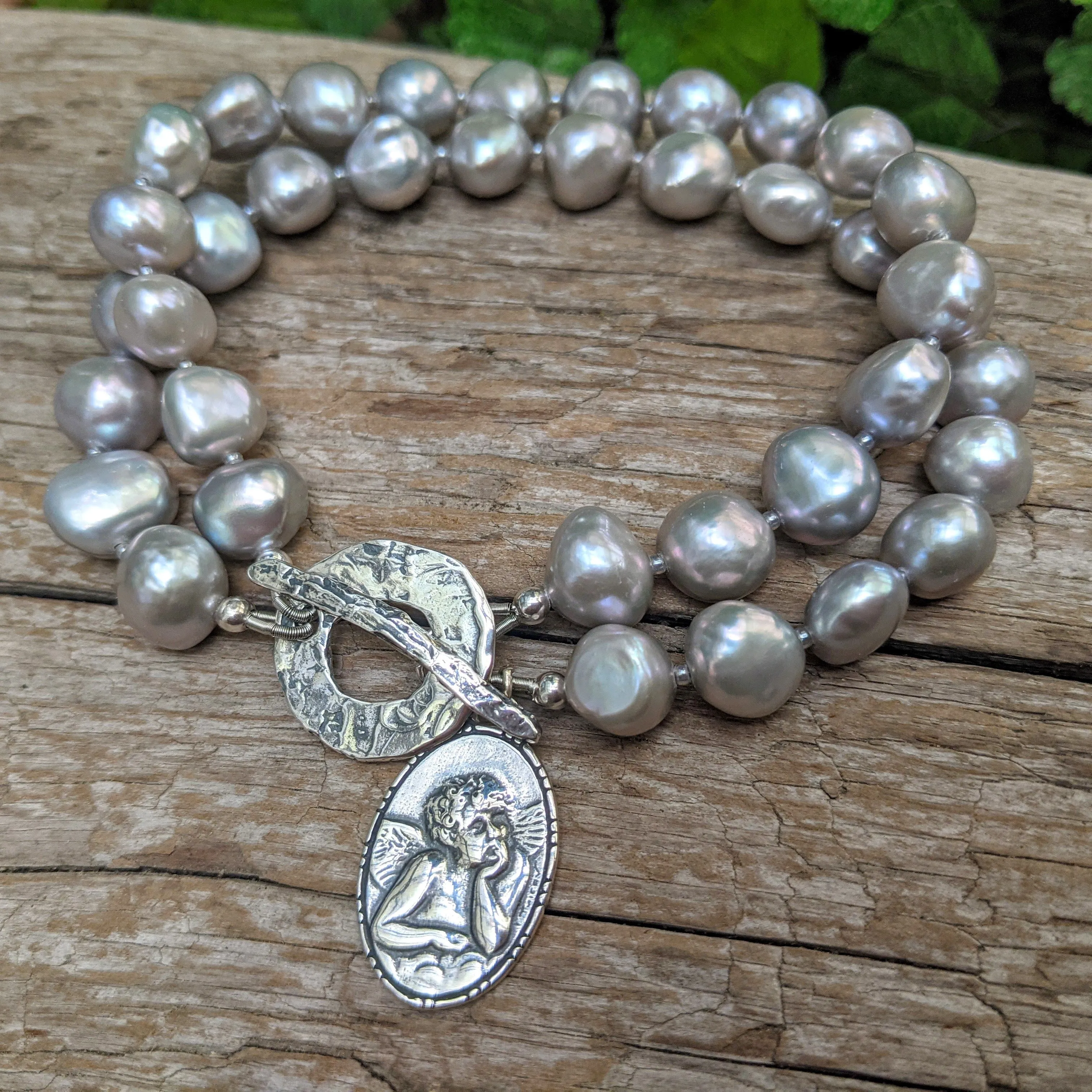 Multi Strand Grey Pearl Angel Cherub Rafael Charm Bracelet