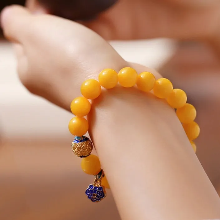 Natural Amber Raw Stone Honey Wax Bracelet with Cloisonné Pendant