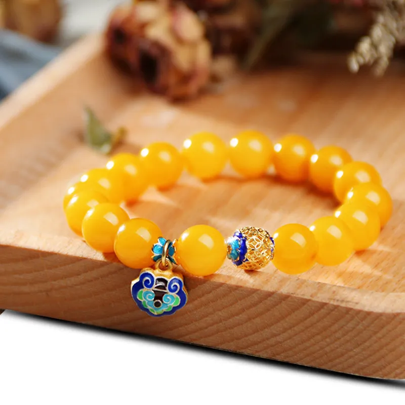 Natural Amber Raw Stone Honey Wax Bracelet with Cloisonné Pendant