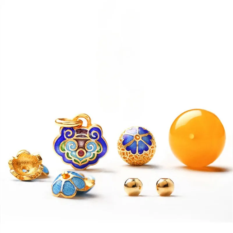 Natural Amber Raw Stone Honey Wax Bracelet with Cloisonné Pendant