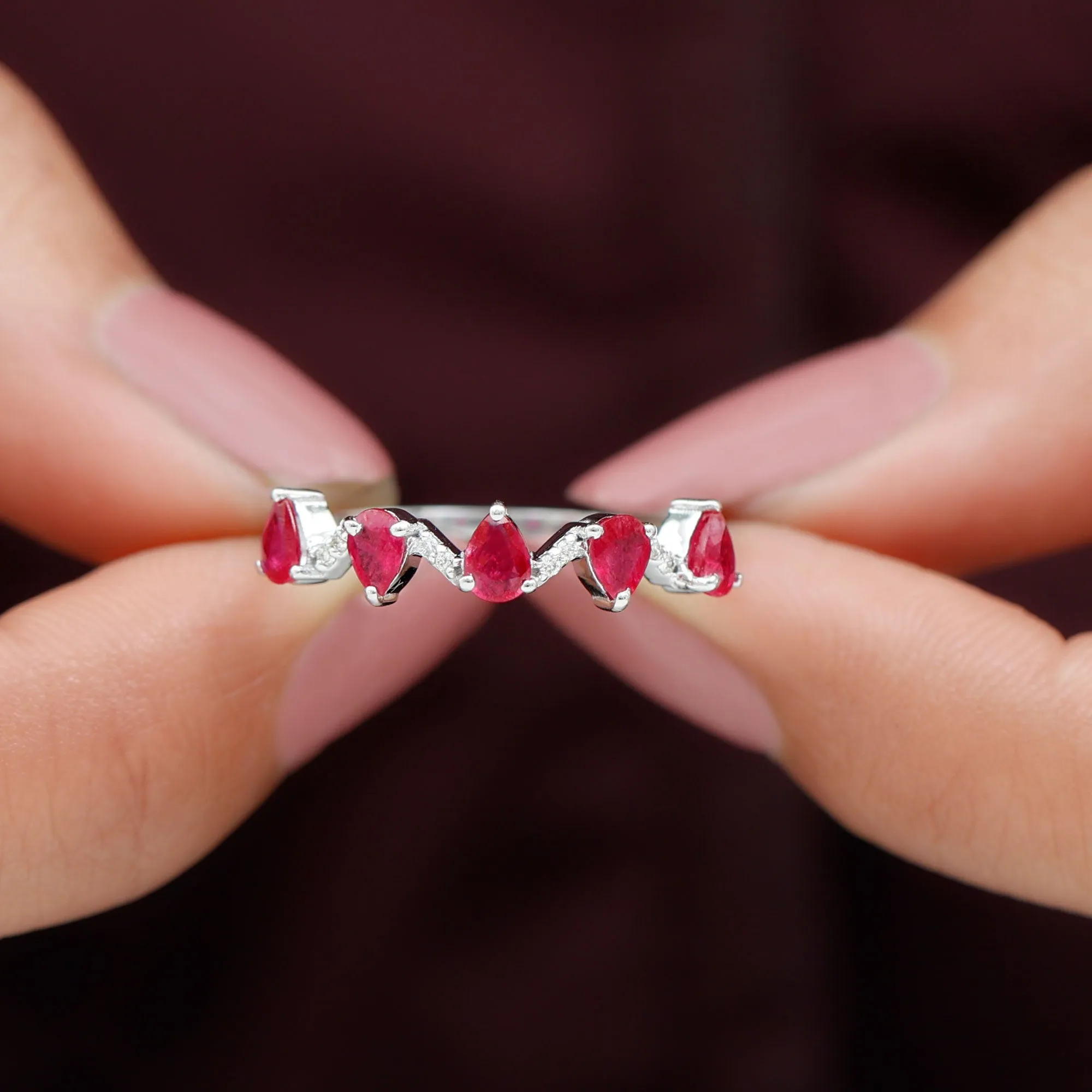 Pear Cut Natural Ruby and Diamond Half Eternity Ring