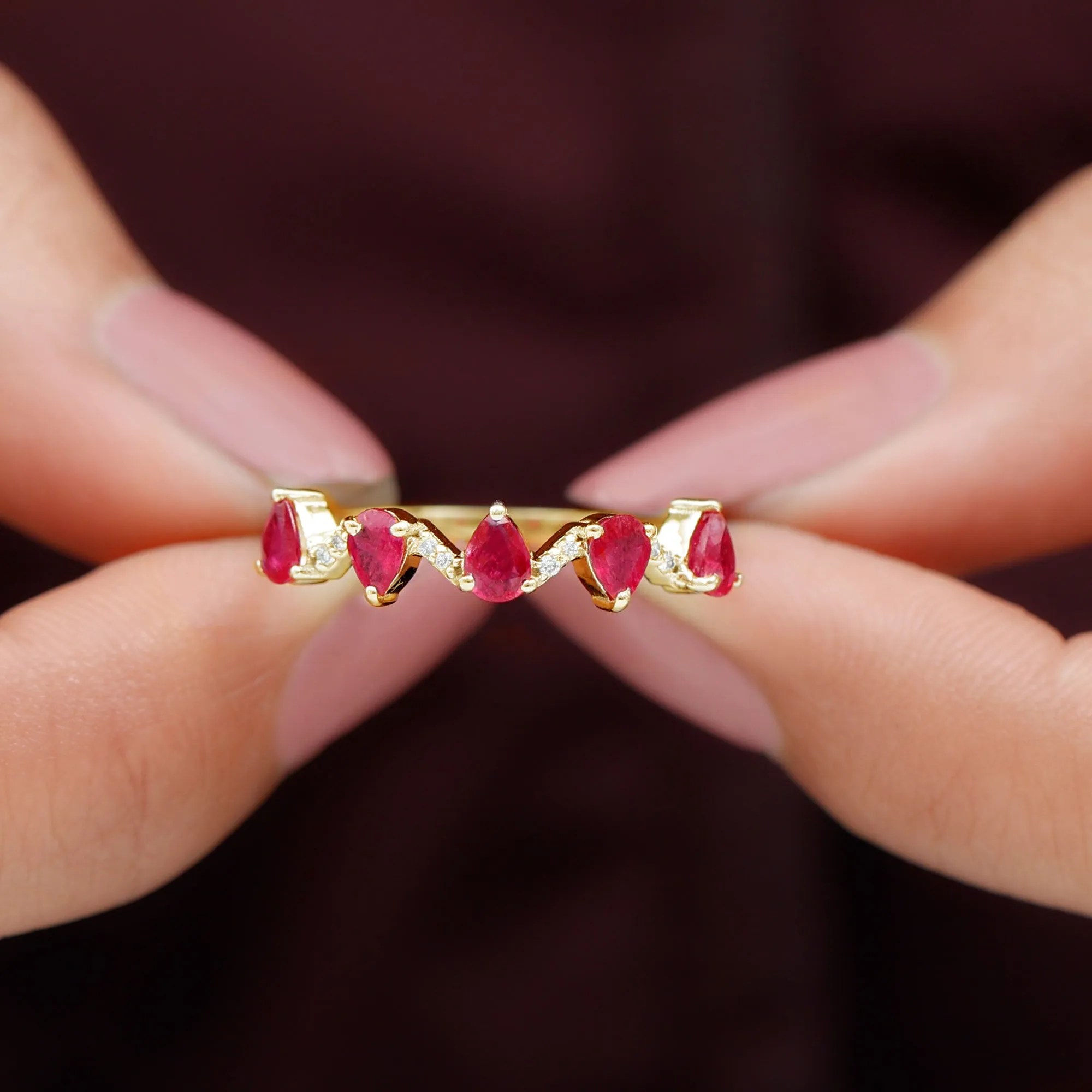 Pear Cut Natural Ruby and Diamond Half Eternity Ring