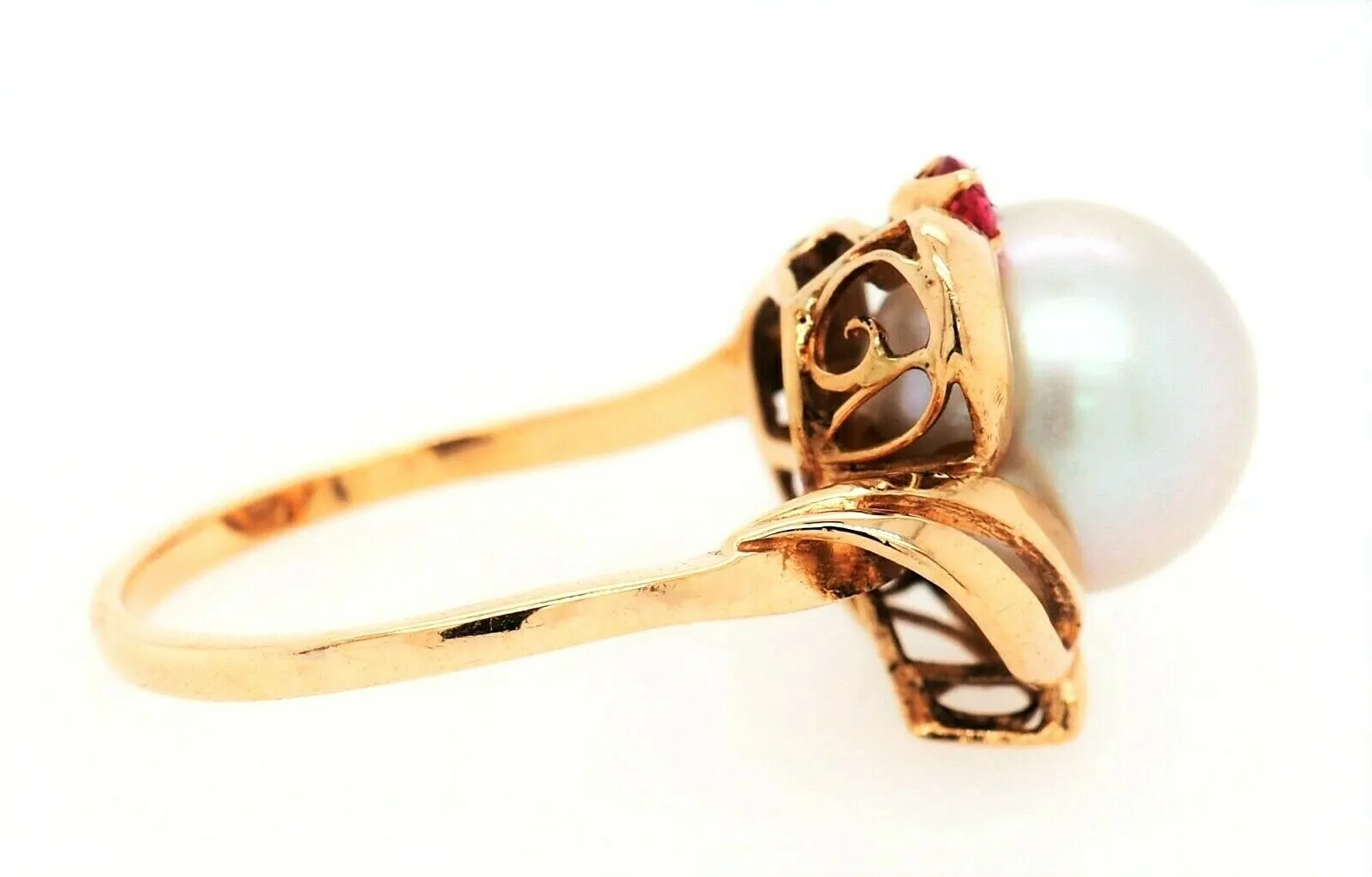 Pearl & Ruby 14ct Yellow Gold Dress Ring Silver/Grey Pearl Fine Jewellery Size L