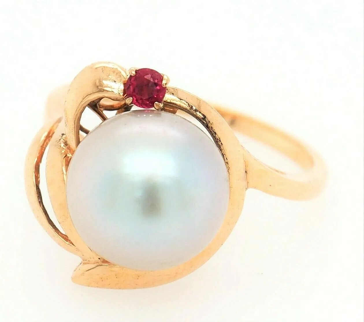 Pearl & Ruby 14ct Yellow Gold Dress Ring Silver/Grey Pearl Fine Jewellery Size L