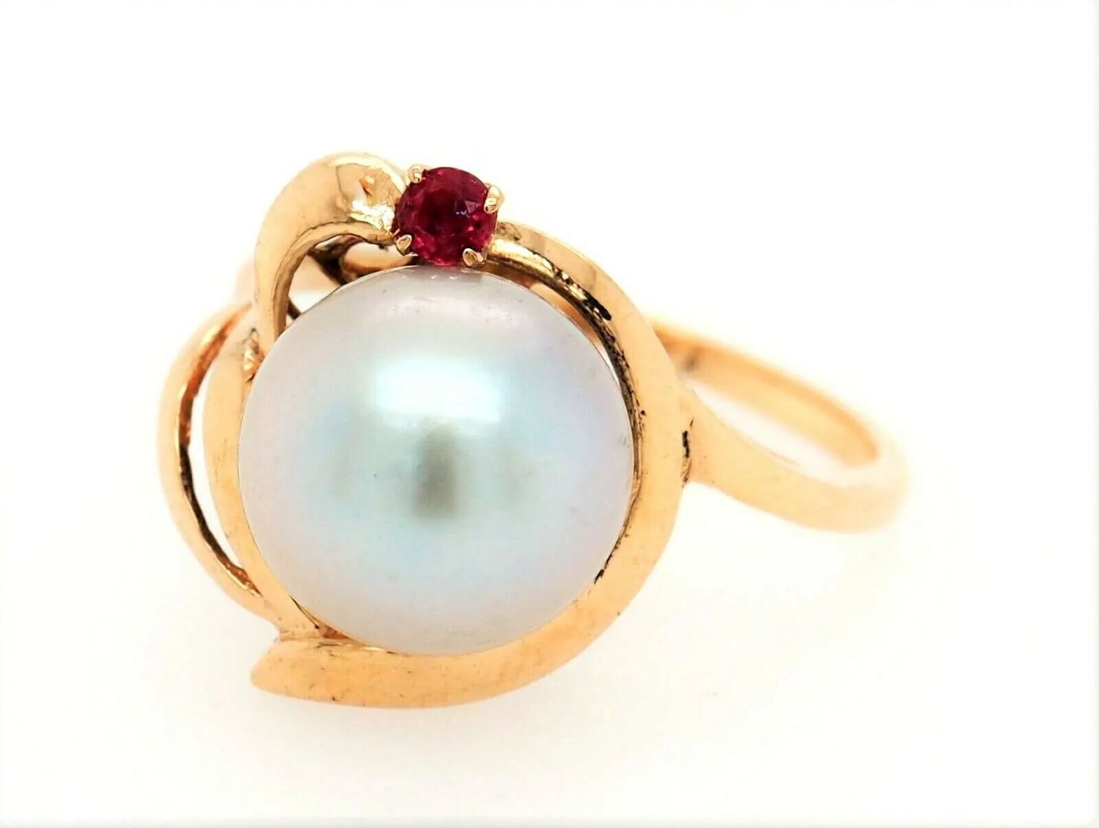 Pearl & Ruby 14ct Yellow Gold Dress Ring Silver/Grey Pearl Fine Jewellery Size L
