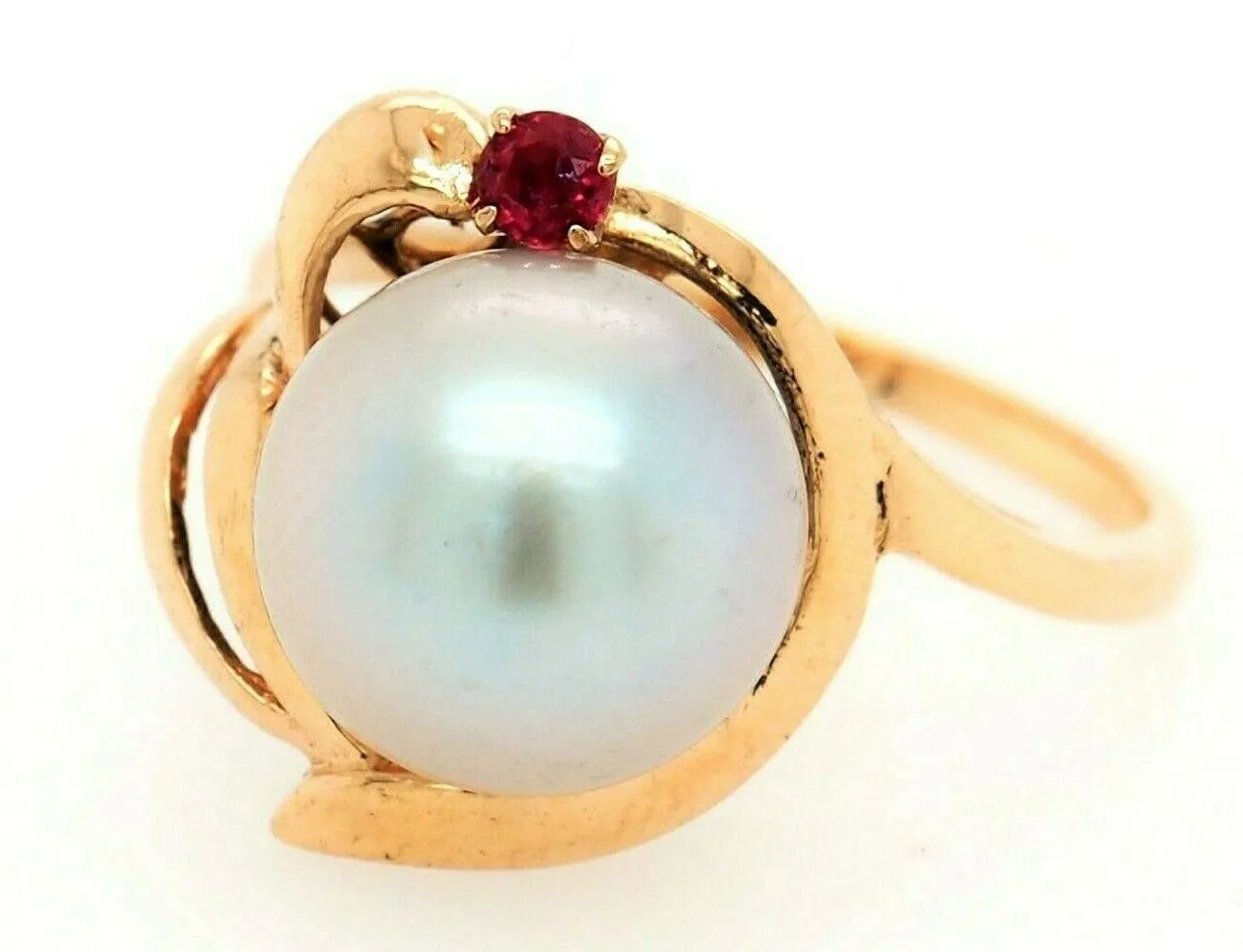 Pearl & Ruby 14ct Yellow Gold Dress Ring Silver/Grey Pearl Fine Jewellery Size L