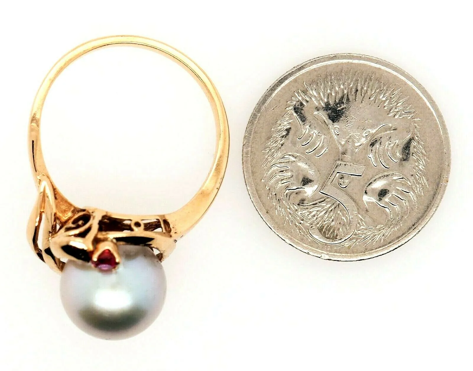 Pearl & Ruby 14ct Yellow Gold Dress Ring Silver/Grey Pearl Fine Jewellery Size L