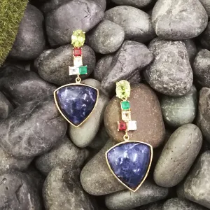 Peridot Stud with Green Agate, Citrine, White Zircon, Red Garnet & Lapiz Lazuli Dangle Twinset Earrings