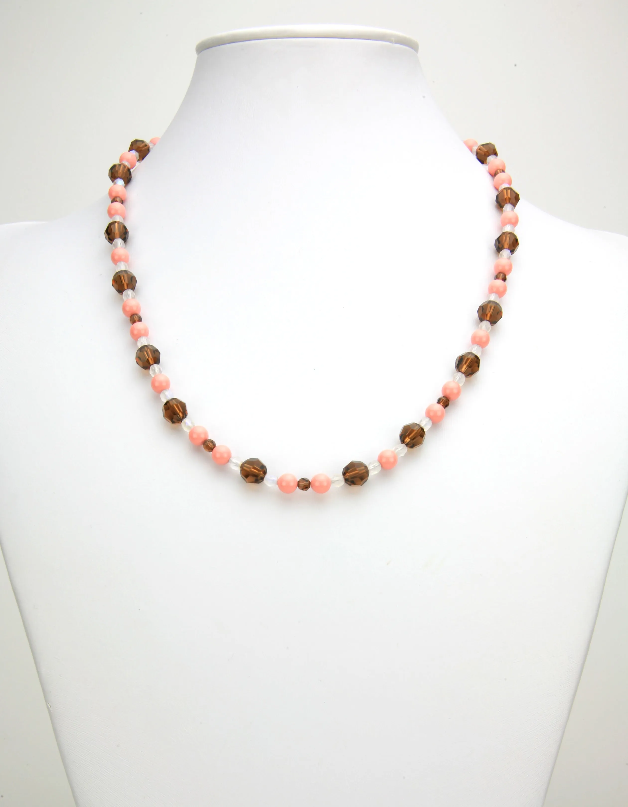 Pink Coral, Smoked Topaz and Opal Silver Necklace