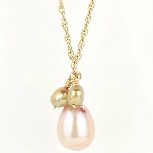 Pink Pearl Pendant Necklace with Gold Pearl Accents |  Natural Pink Teardrop Freshwater Cultured