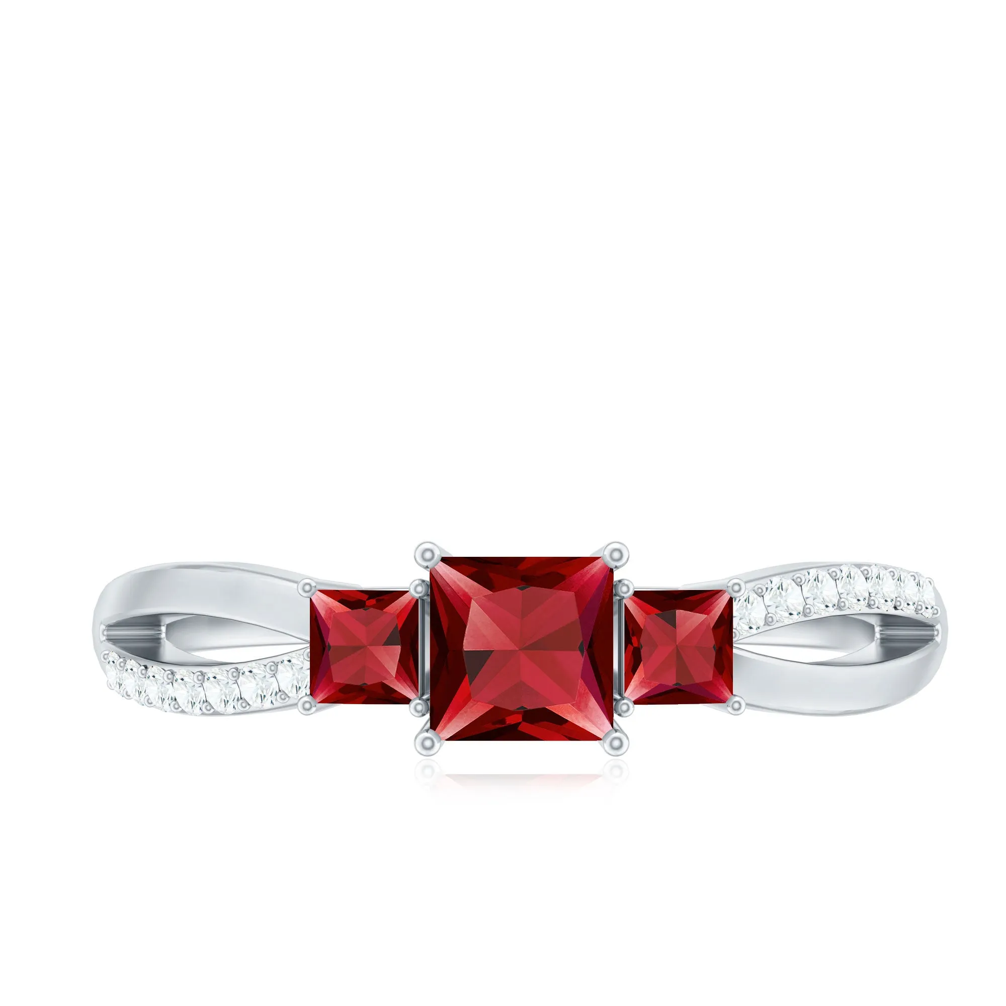 Princess Cut Lab Grown Ruby Three Stone Infinity Ring with Diamond