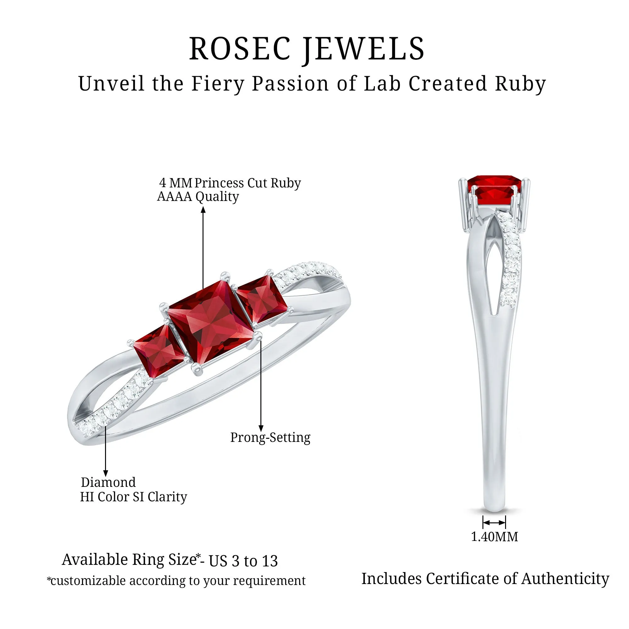 Princess Cut Lab Grown Ruby Three Stone Infinity Ring with Diamond