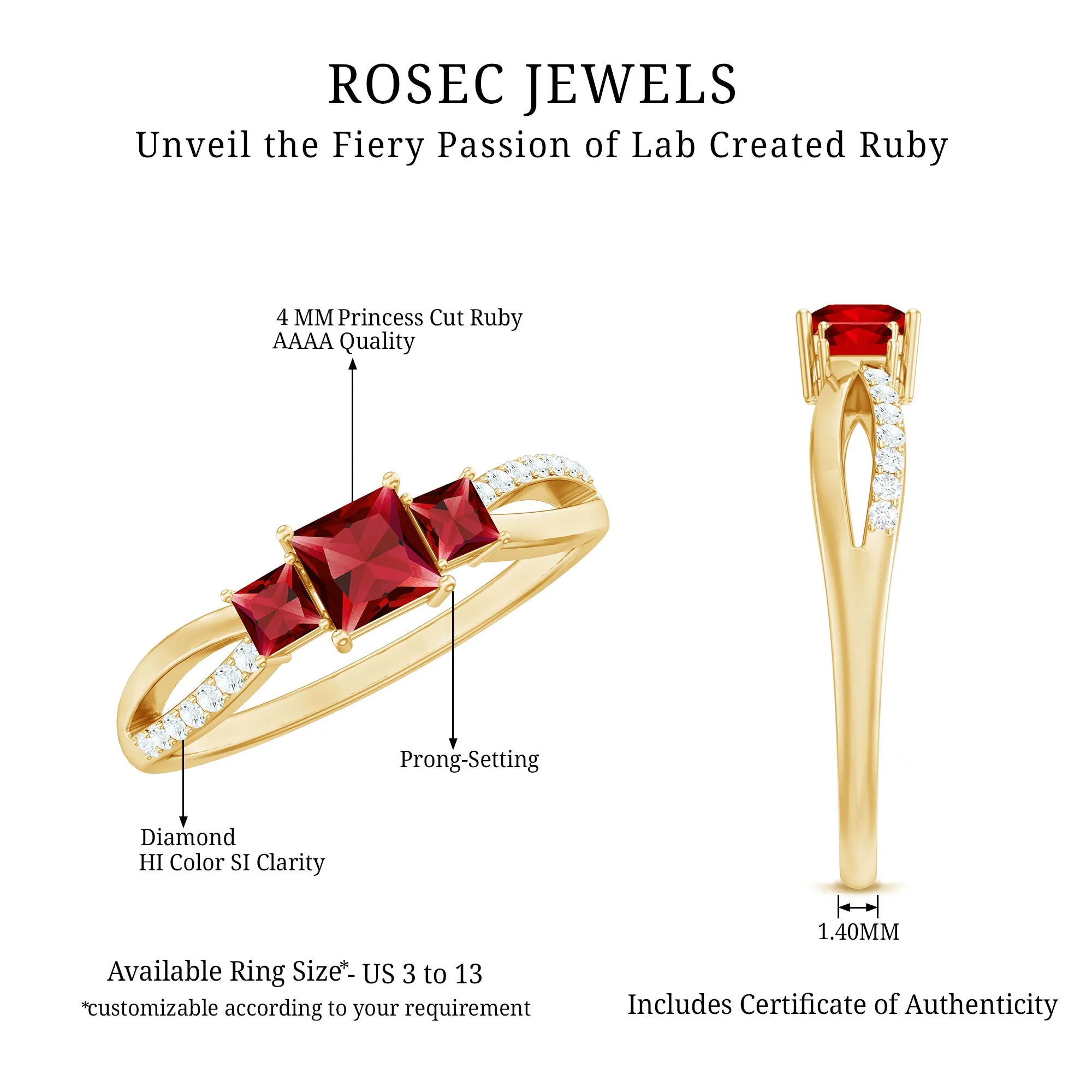 Princess Cut Lab Grown Ruby Three Stone Infinity Ring with Diamond