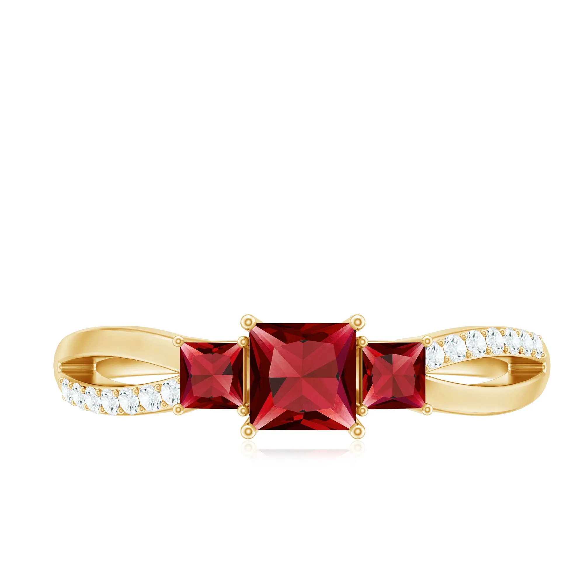Princess Cut Lab Grown Ruby Three Stone Infinity Ring with Diamond