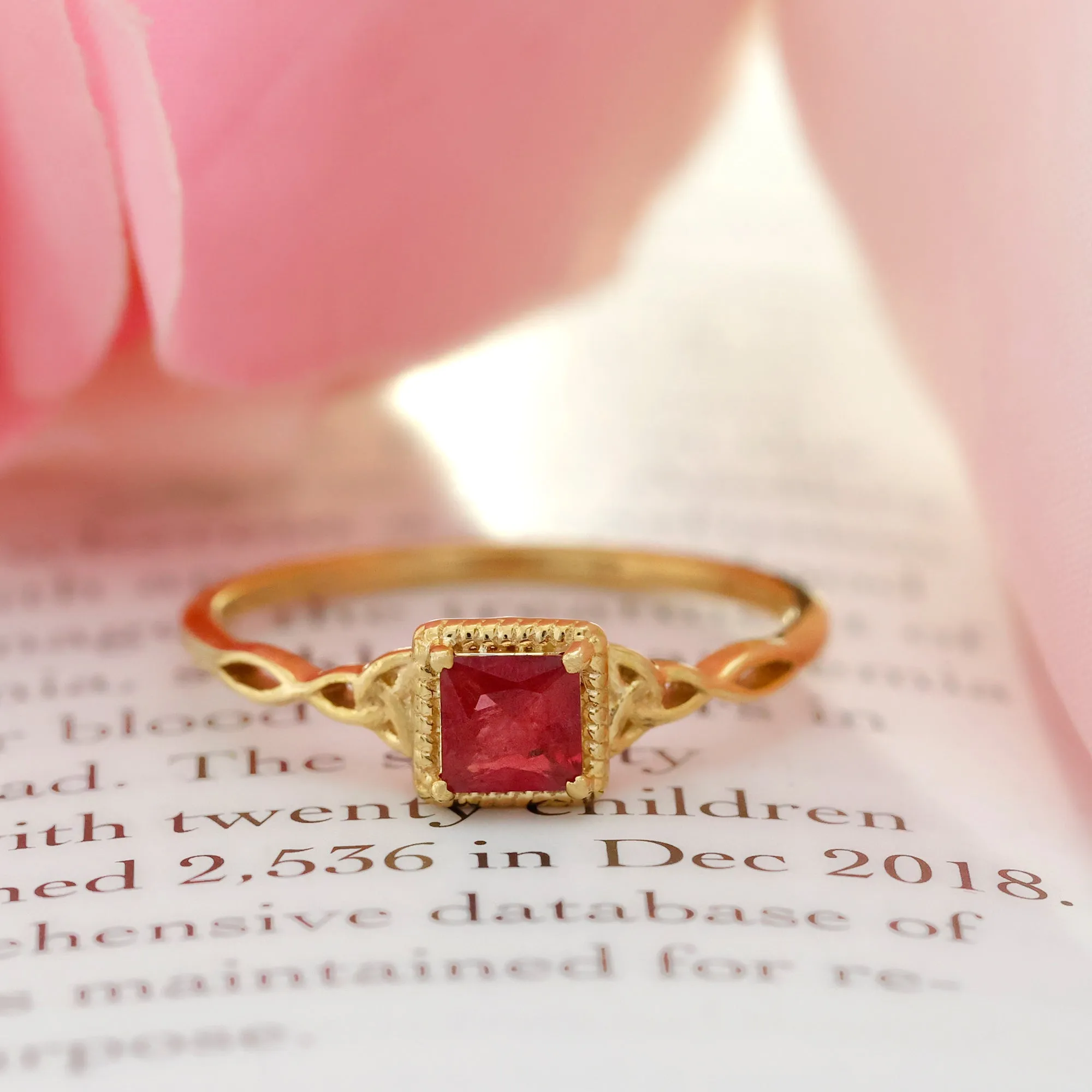 Princess Cut Ruby Solitaire Celtic Ring