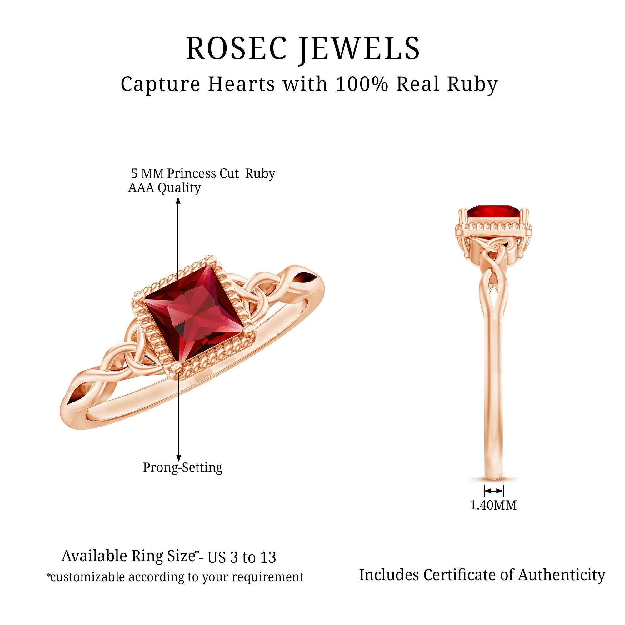Princess Cut Ruby Solitaire Celtic Ring