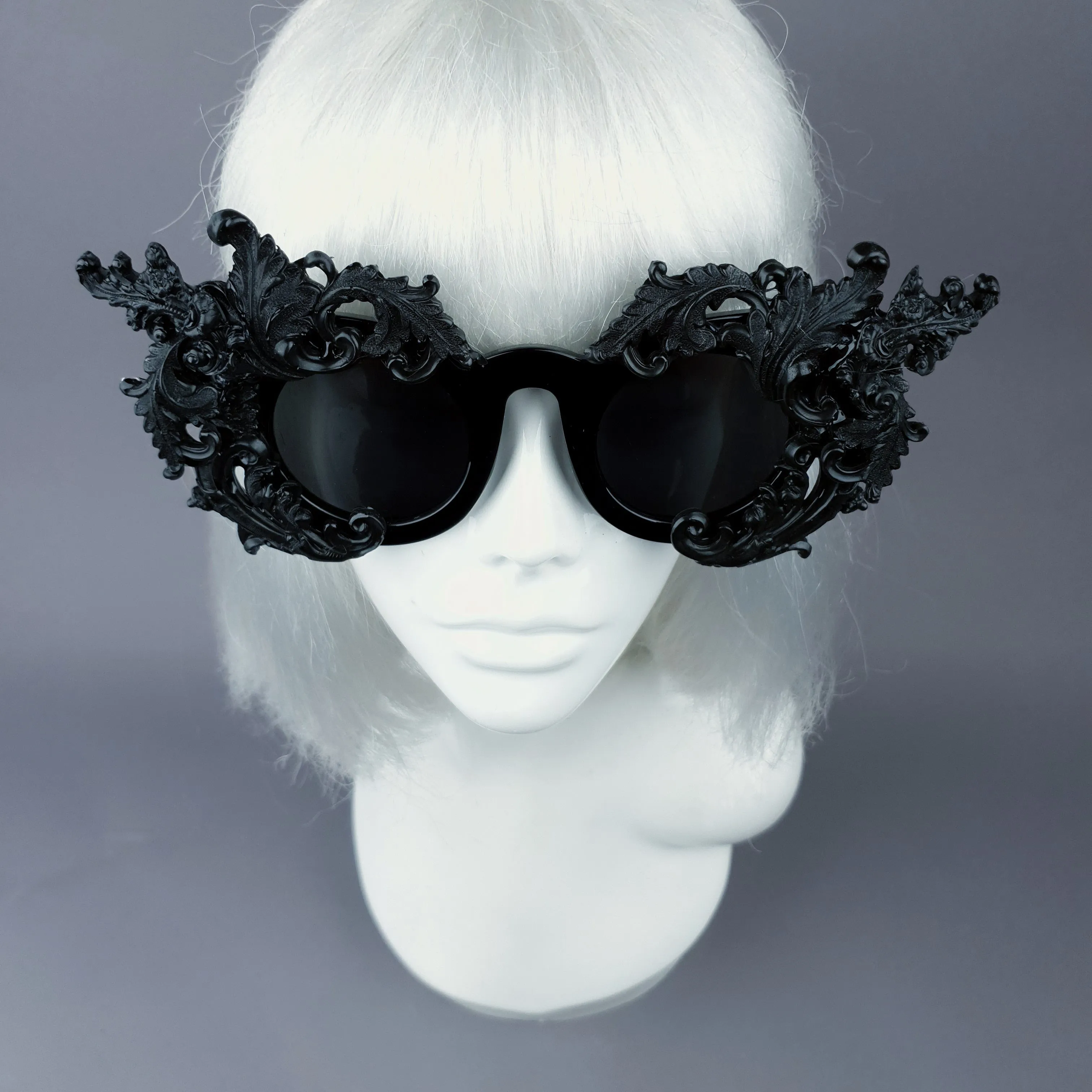 "La Barucci" Ornate Black Filigree on Black Sunglasses