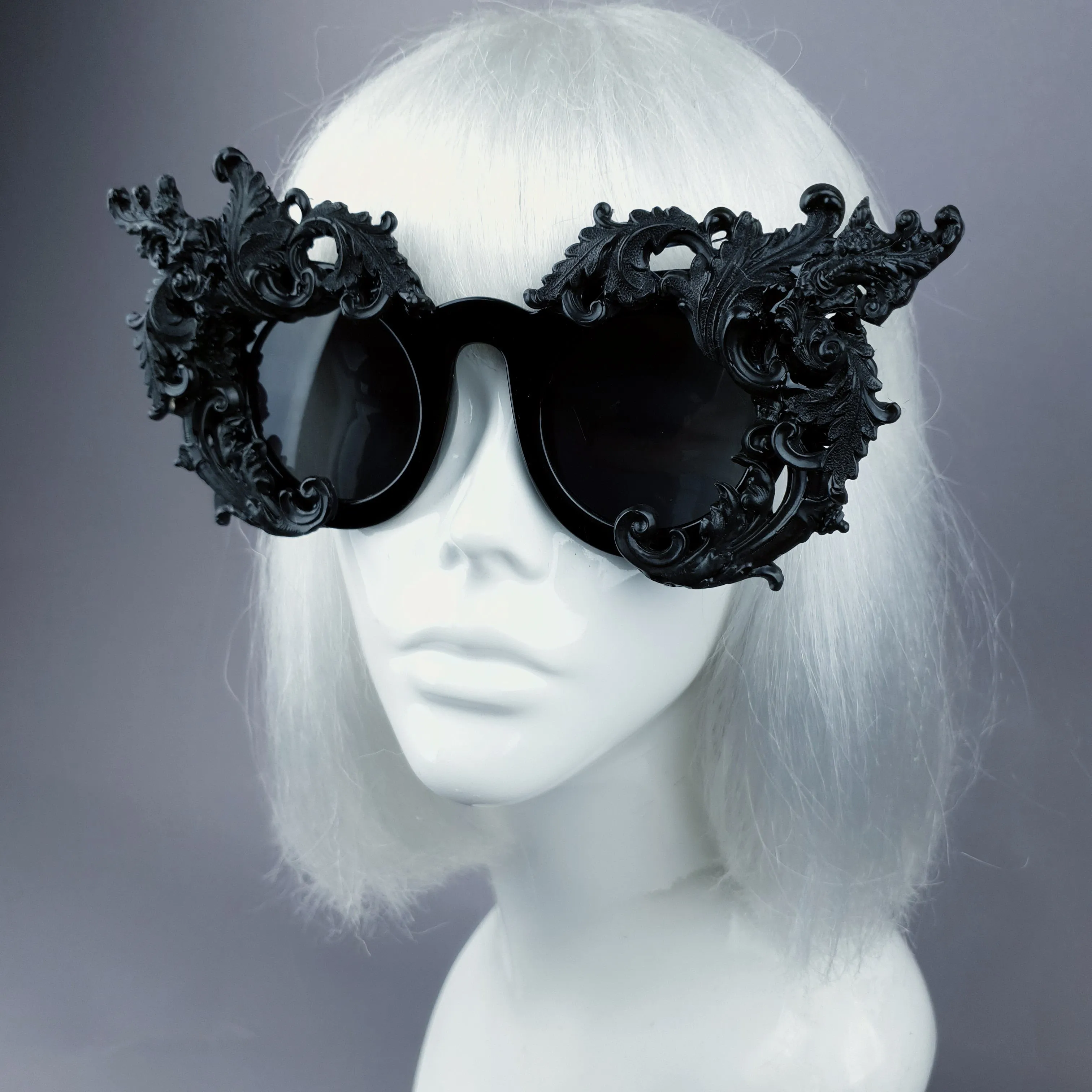 "La Barucci" Ornate Black Filigree on Black Sunglasses