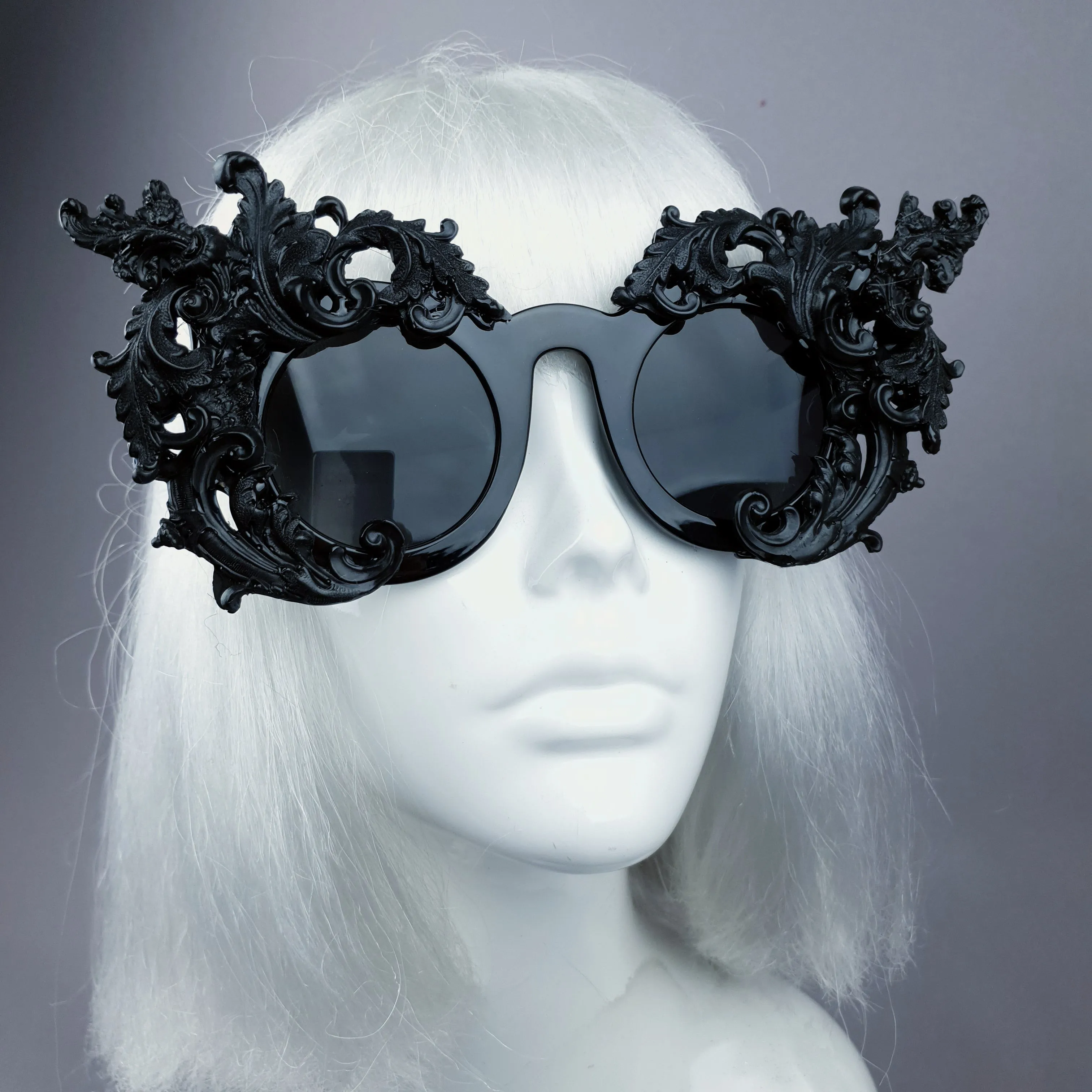 "La Barucci" Ornate Black Filigree on Black Sunglasses
