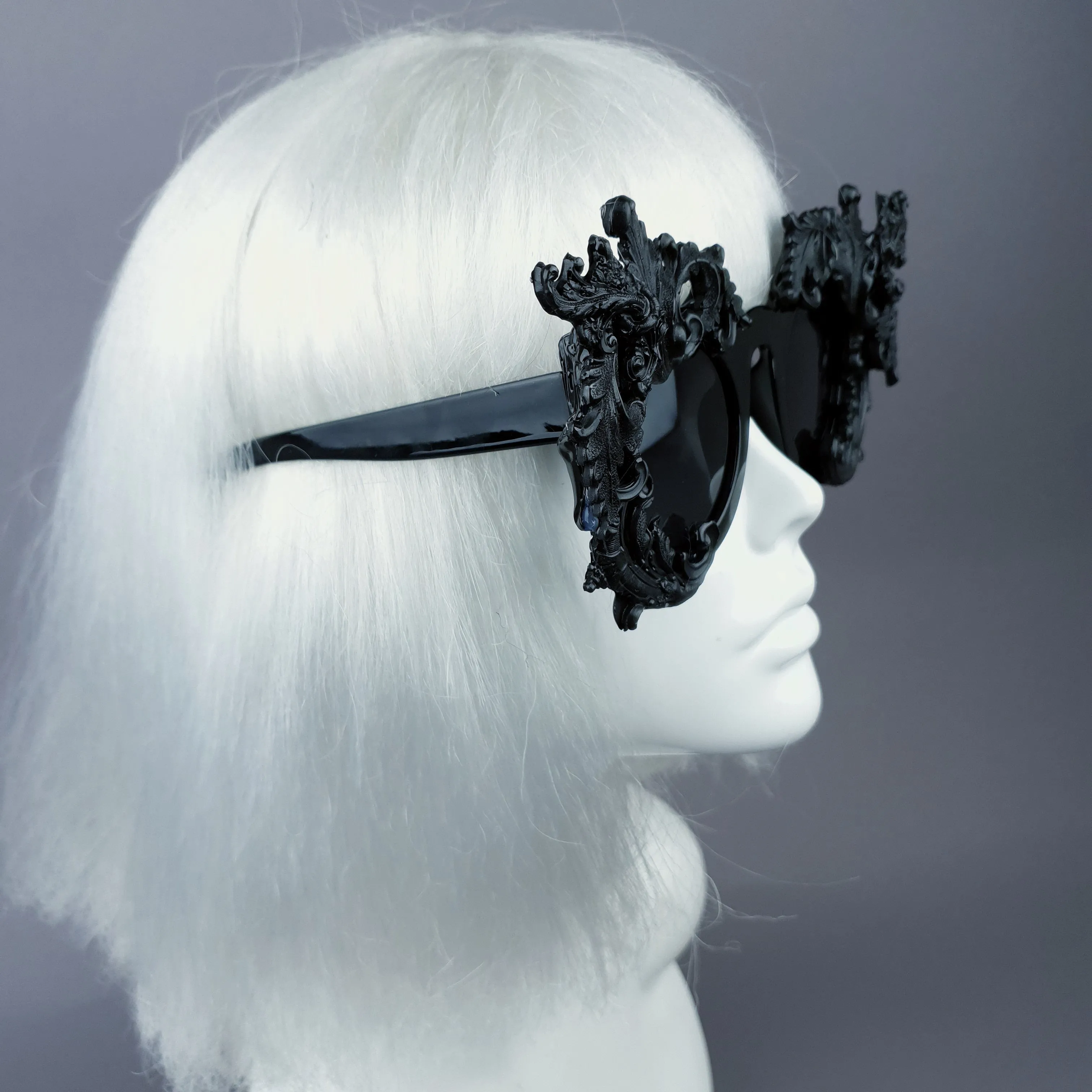 "La Barucci" Ornate Black Filigree on Black Sunglasses