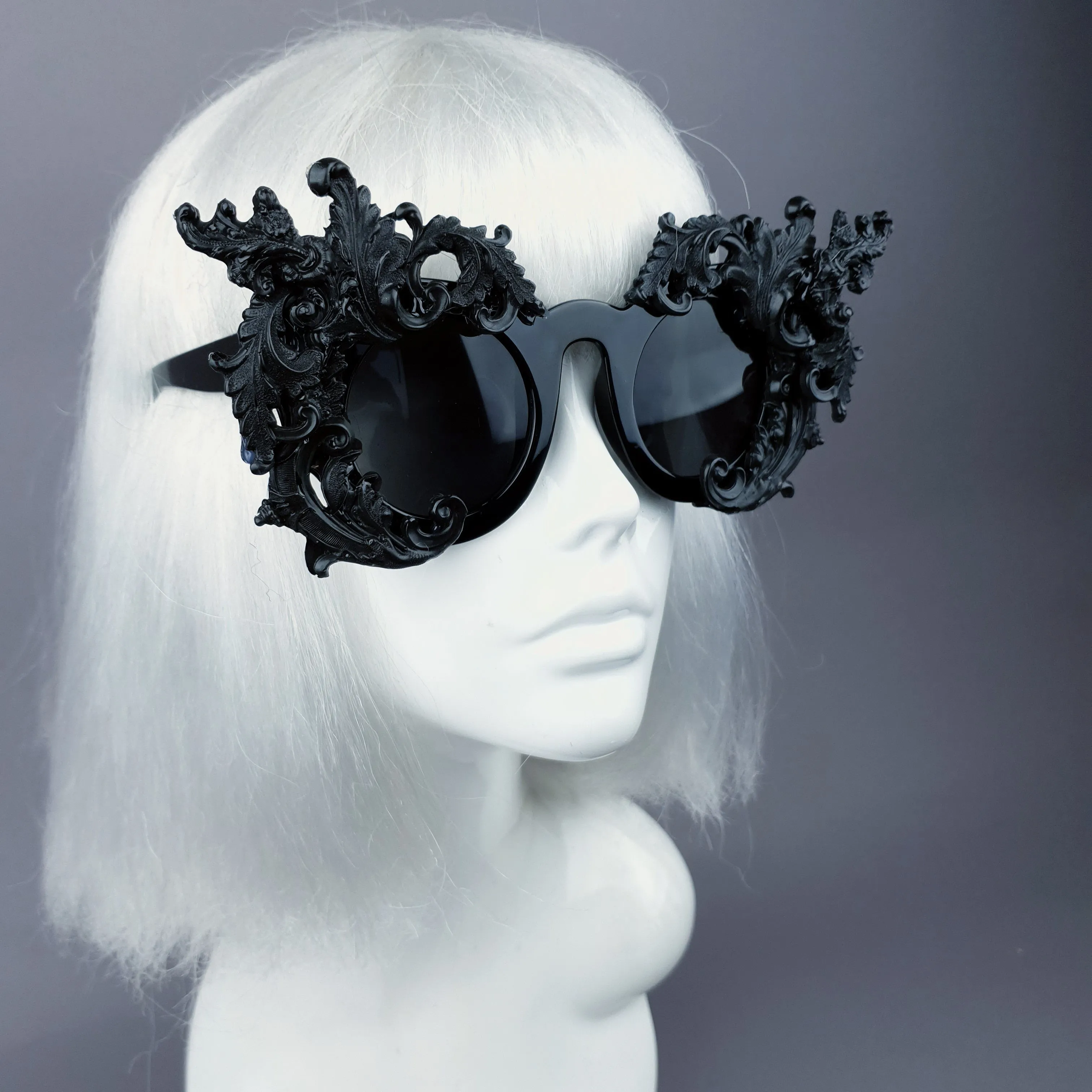 "La Barucci" Ornate Black Filigree on Black Sunglasses