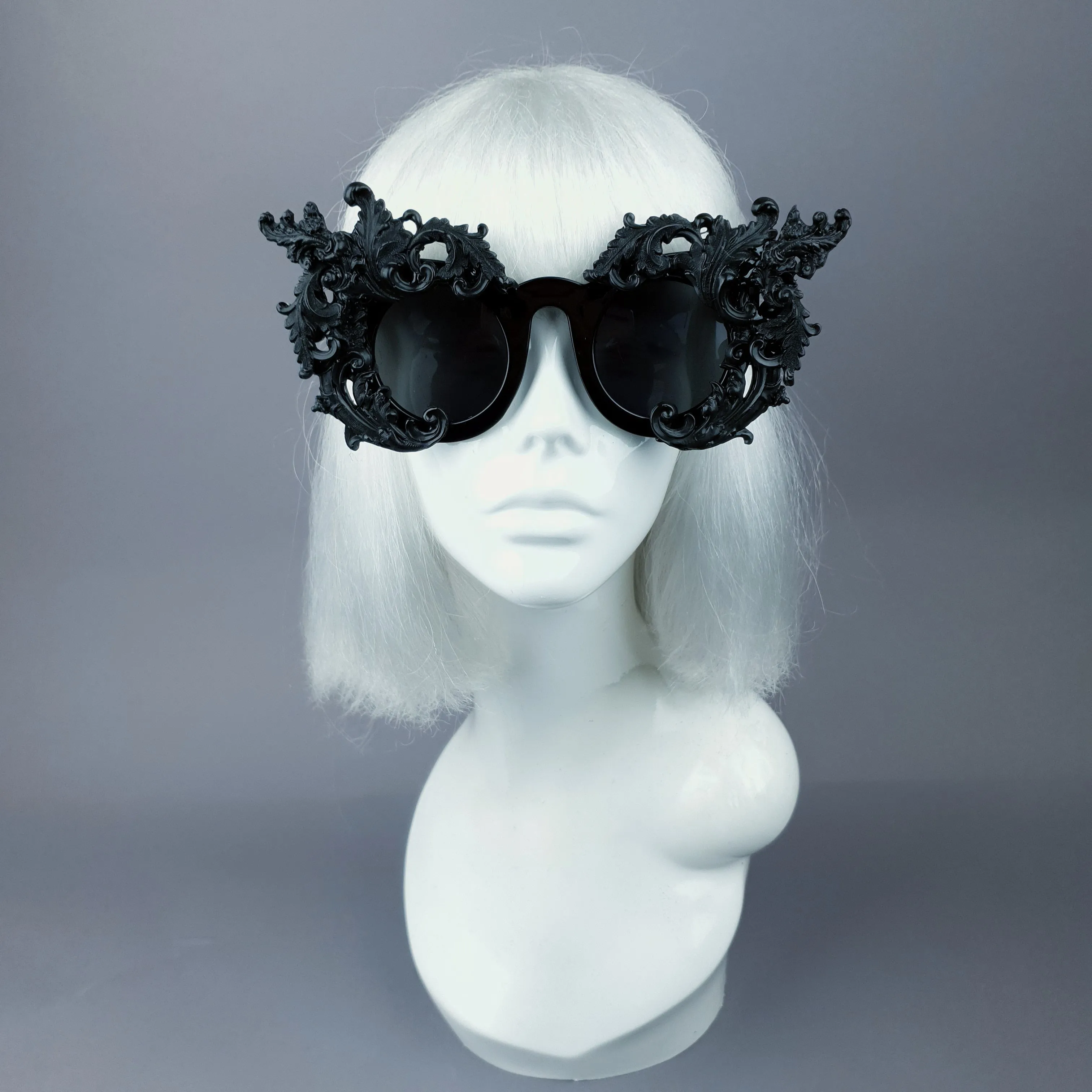 "La Barucci" Ornate Black Filigree on Black Sunglasses